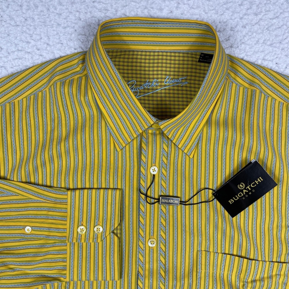 Bugatchi Uomo Button Down Shirt Mens XL Yellow Striped Long Sleeve Microfiber
